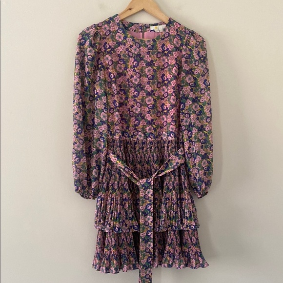 Boden The Plisse Mini Dress Tiered Skirt Chiffon Long Sleeve Ruffles Pink Sz 4 - Picture 2 of 16